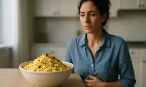 Donna con la mano sulla pancia, preoccupata davanti a una ciotola di cous cous. Forse il cous cous fa gonfiare la pancia.