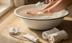 Un pediluvio rilassante con acqua e bicarbonato per piedi morbidi. Accanto, una crema e asciugamani pronti.