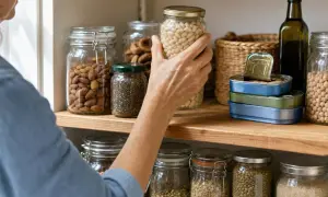 Mano che prende un barattolo di fagioli bianchi, parte di una dispensa piena di alimenti naturali, inclusi mandorle e semi di chia, ricchi di bifosfonati naturali.