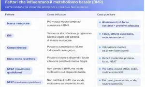 Tabella sui fattori che influenzano il metabolismo basale (BMR): massa muscolare, età, ormoni tiroidei, diete e NEAT.