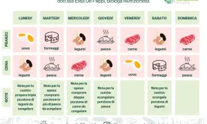 Menù settimanale dieta senza sale con immagini di uova, formaggi, legumi, pesce e carne per ogni giorno.