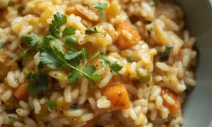 Riso cremoso con carote e piselli, un'idea gustosa su come condire il riso a dieta. Guarnito con prezzemolo fresco.