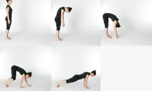 Sequenza di esercizi per il **roll up pilates**: dalla posizione eretta, piegamento in avanti, posizione a quadrupede, plank e ritorno.