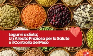 Vari legumi in ciotole, con testo che evidenzia il basso indice glicemico dei legumi, un alleato per salute e peso.