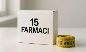 Scatola "15 Farmaci" e metro giallo arrotolato. Alcuni si chiedono se il baclofene fa ingrassare, ma la risposta è complessa.