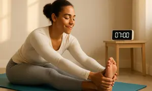 Donna sorridente fa stretching mattutino sul tappetino. L'orologio digitale segna le 07:00, l'ora perfetta per iniziare la giornata con energia.