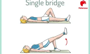 Esercizio "Single bridge" per rafforzare i muscoli del core. Una donna solleva il bacino da terra, con una gamba tesa in aria.