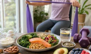 Piatto salutare con salmone, verdure e legumi, ideale per una dieta per osteoporosi. In background, una persona fa esercizi con elastico.