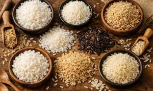 Varietà di riso: riso venere o basmati, integrale, bianco e nero, disposti in ciotole e sparsi su un tavolo di legno.