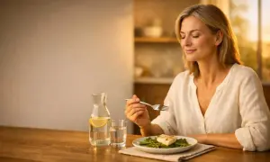 Donna serena gusta un pasto leggero, parte di una dieta per gonfiore addominale, con pesce e fagiolini.