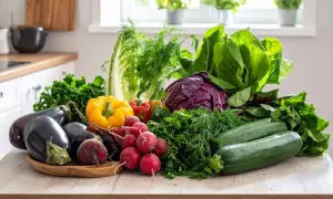 Un assortimento colorato di verdure fresche, tra cui melanzane, peperoni, ravanelli, zucchine e verdure a foglia verde, perfette per creare piatti leggeri e gustosi, le verdure che non gonfiano.