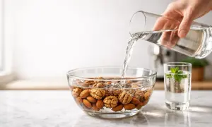 Acqua versata su noci e mandorle in una ciotola. Preparazione per un frullato che non gonfia la pancia, con un bicchiere d'acqua e menta accanto.