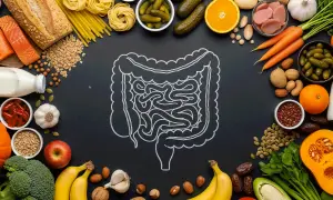 Alimenti sani e un disegno di intestino. Una dieta equilibrata, con attenzione ai crackers, può aiutare il colon irritabile.