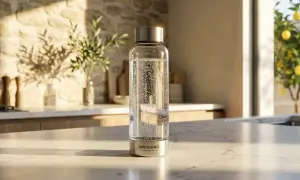 Borraccia in vetro con acqua alcalina frizzante, su un piano cucina in marmo, con un albero di limoni sullo sfondo.