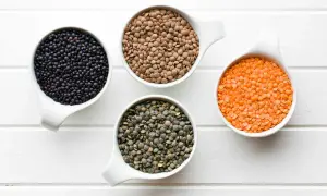 Quattro ciotole bianche mostrano cosa sono le lenticchie: nere, marroni, verdi e rosse, disposte su uno sfondo di legno bianco.
