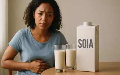 Donna con espressione sofferente tiene la mano sull'addome, accanto a un cartone di latte di soia e due bicchieri. Potrebbe essere un problema di colon irritabile.