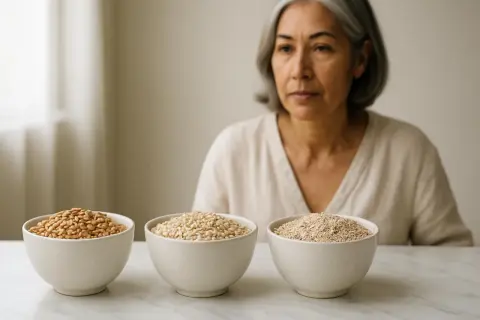 Donna con tre ciotole di cereali. La quinoa gonfia la pancia, ma questi semi potrebbero essere un'alternativa.