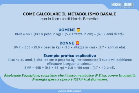 Calcolo del fabbisogno calorico giornaliero con la formula di Harris-Benedict per uomini e donne. Esempio pratico per Elisa.