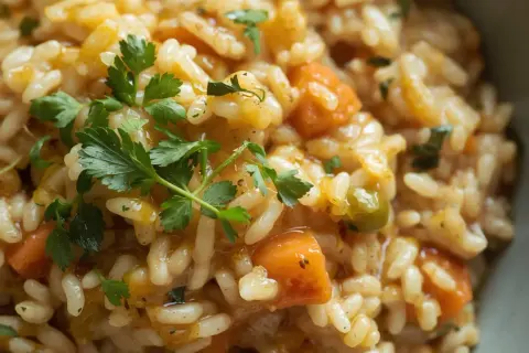 Riso cremoso con carote e piselli, un'idea gustosa su come condire il riso a dieta. Guarnito con prezzemolo fresco.