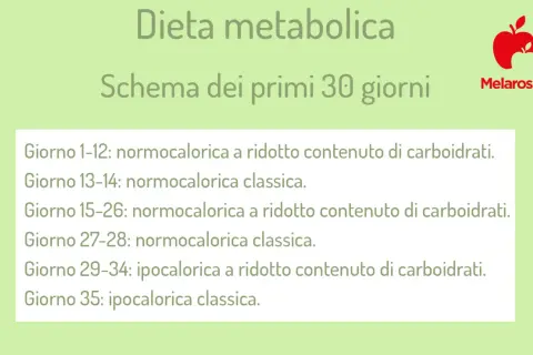 Schema di dieta metabolica per i primi 30 giorni, con fasi normocaloriche e ipocaloriche, per accelerare il metabolismo.