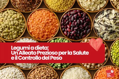 Vari legumi in ciotole, con testo che evidenzia il basso indice glicemico dei legumi, un alleato per salute e peso.