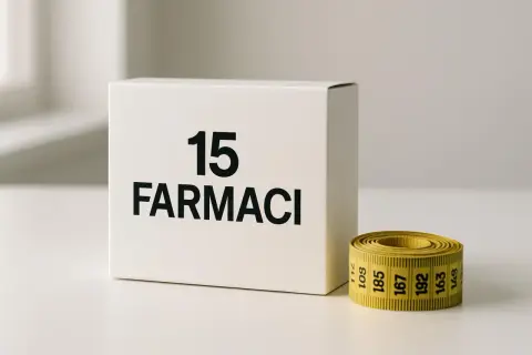 Scatola "15 Farmaci" e metro giallo arrotolato. Alcuni si chiedono se il baclofene fa ingrassare, ma la risposta è complessa.