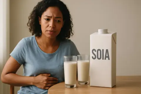 Donna con espressione sofferente tiene la mano sull'addome, accanto a un cartone di latte di soia e due bicchieri. Potrebbe essere un problema di colon irritabile.