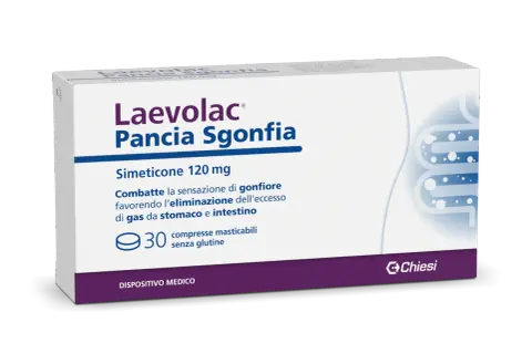 Laevolac Pancia Sgonfia, con simeticone, è un rimedio per il mal di pancia e il gonfiore, che aiuta a eliminare il gas.