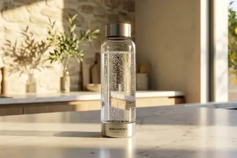 Borraccia in vetro con acqua alcalina frizzante, su un piano cucina in marmo, con un albero di limoni sullo sfondo.
