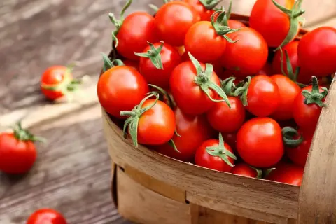 Cesto pieno di pomodorini rossi, freschi e succosi. Attenzione, un consumo eccessivo potrebbe causare gonfiore addominale.