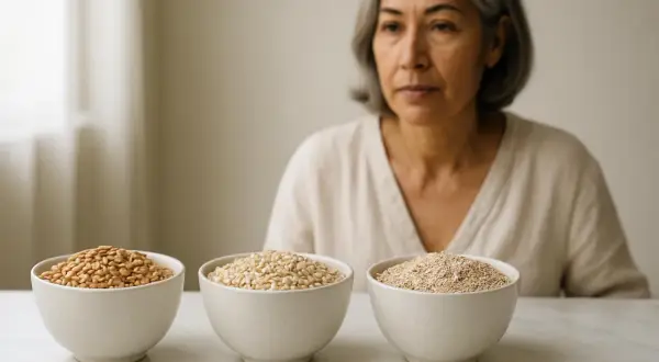 Donna con tre ciotole di cereali. La quinoa gonfia la pancia, ma questi semi potrebbero essere un'alternativa.
