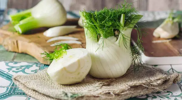 Finocchi freschi, uno intero e uno tagliato a metà, con le loro verdi e profumate foglie. Ricorda che i finocchi sono lassativi.
