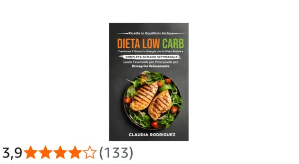 Copertina libro "Dieta Low Carb" con petto di pollo grigliato e insalata. Guida per dimagrire velocemente.