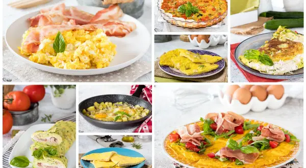 Collage di piatti gustosi con uova e verdure: frittate, omelette, torta salata e uova strapazzate. Perfette ricette con uova e verdure per ogni pasto.
