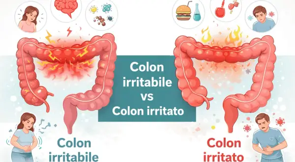 Colon irritabile: dolore addominale, stress e cibo. Colon irritato: infiammazione, batteri e cibi poco sani.