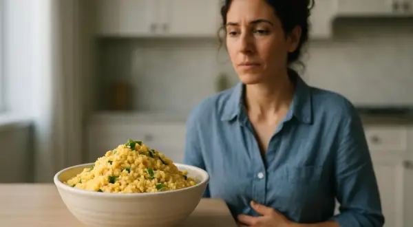 Donna con la mano sulla pancia, preoccupata davanti a una ciotola di cous cous. Forse il cous cous fa gonfiare la pancia.