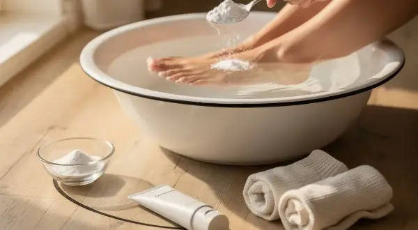 Un pediluvio rilassante con acqua e bicarbonato per piedi morbidi. Accanto, una crema e asciugamani pronti.