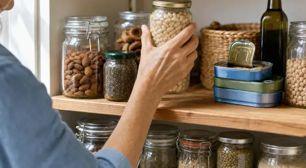 Mano che prende un barattolo di fagioli bianchi, parte di una dispensa piena di alimenti naturali, inclusi mandorle e semi di chia, ricchi di bifosfonati naturali.