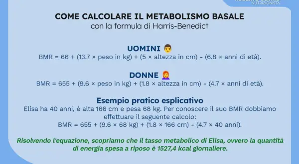 Calcolo del fabbisogno calorico giornaliero con la formula di Harris-Benedict per uomini e donne. Esempio pratico per Elisa.