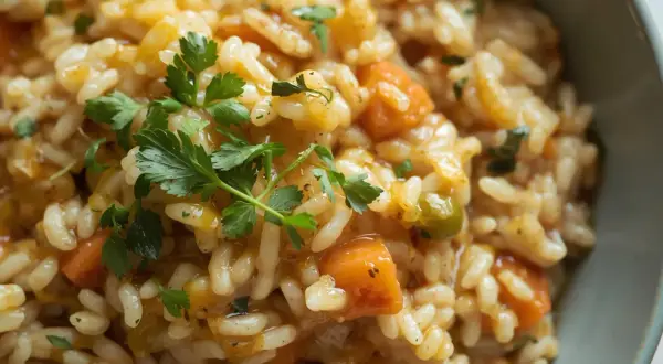 Riso cremoso con carote e piselli, un'idea gustosa su come condire il riso a dieta. Guarnito con prezzemolo fresco.