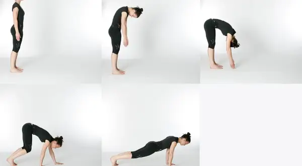 Sequenza di esercizi per il **roll up pilates**: dalla posizione eretta, piegamento in avanti, posizione a quadrupede, plank e ritorno.