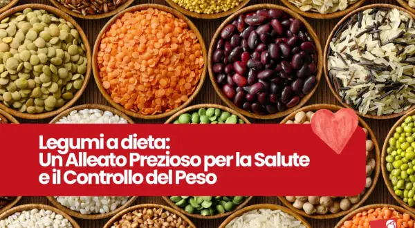 Vari legumi in ciotole, con testo che evidenzia il basso indice glicemico dei legumi, un alleato per salute e peso.