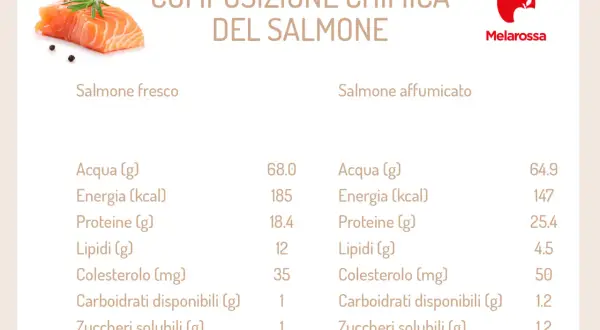 Confronto nutrizionale: salmone fresco vs affumicato. Il salmone affumicato ha più colesterolo, quindi il salmone in scatola fa male se consumato in eccesso.