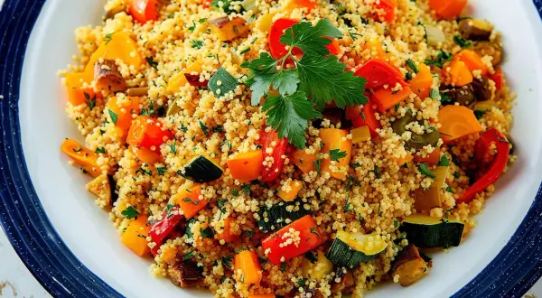 Piatto di cous cous con verdure colorate, ideale per chi soffre di colon irritabile. Un pasto leggero e gustoso.