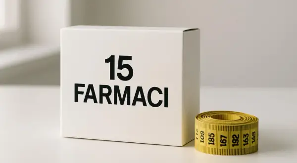 Scatola "15 Farmaci" e metro giallo arrotolato. Alcuni si chiedono se il baclofene fa ingrassare, ma la risposta è complessa.