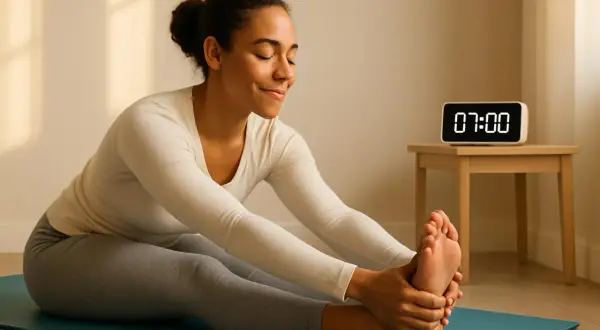 Donna sorridente fa stretching mattutino sul tappetino. L'orologio digitale segna le 07:00, l'ora perfetta per iniziare la giornata con energia.