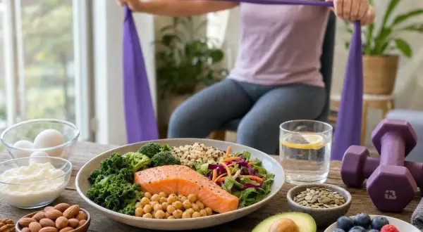 Piatto salutare con salmone, verdure e legumi, ideale per una dieta per osteoporosi. In background, una persona fa esercizi con elastico.