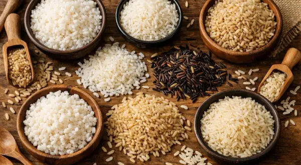 Varietà di riso: riso venere o basmati, integrale, bianco e nero, disposti in ciotole e sparsi su un tavolo di legno.