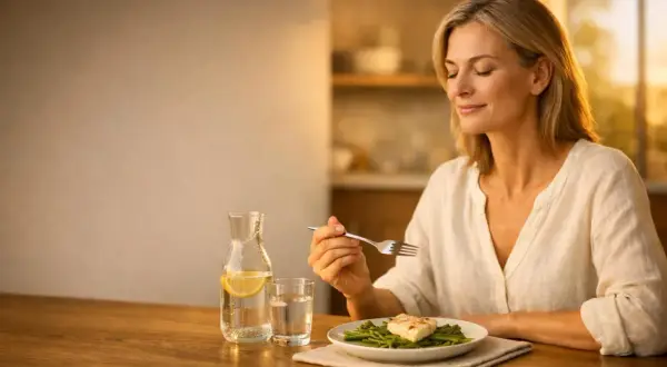 Donna serena gusta un pasto leggero, parte di una dieta per gonfiore addominale, con pesce e fagiolini.