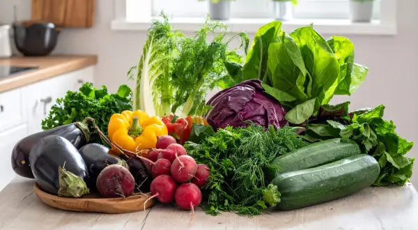 Un assortimento colorato di verdure fresche, tra cui melanzane, peperoni, ravanelli, zucchine e verdure a foglia verde, perfette per creare piatti leggeri e gustosi, le verdure che non gonfiano.